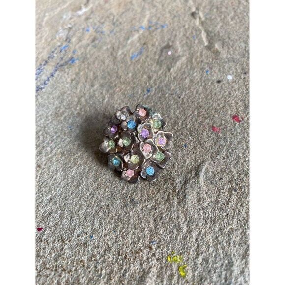 Vintage Brooch Pin Pewter Floral Rhinestone Easter Pink 1 Inch Green Blue - Picture 5 of 6